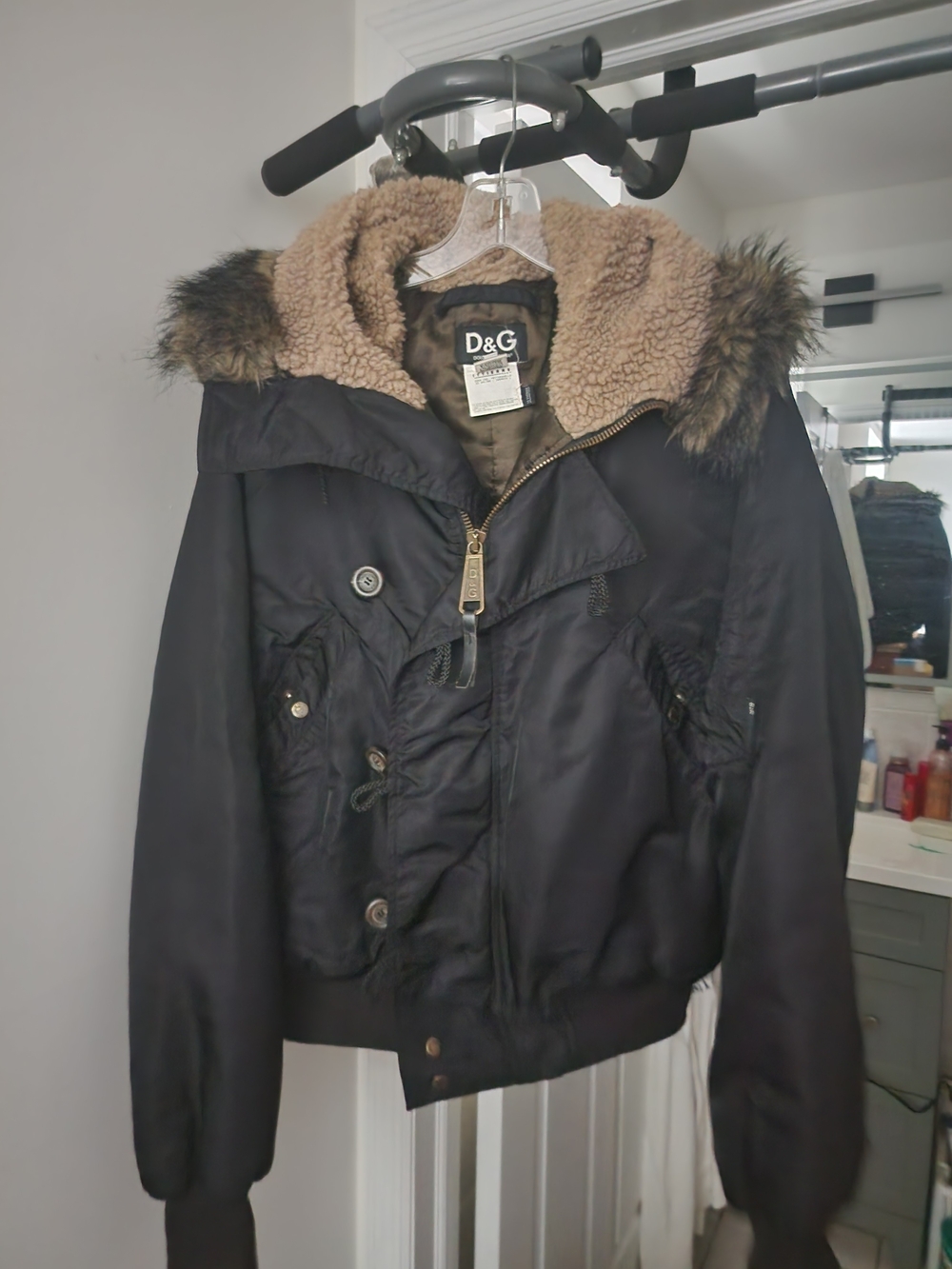 D&G Black Bomber Jacket with Tan Sherpa Hood and Fur Trim
